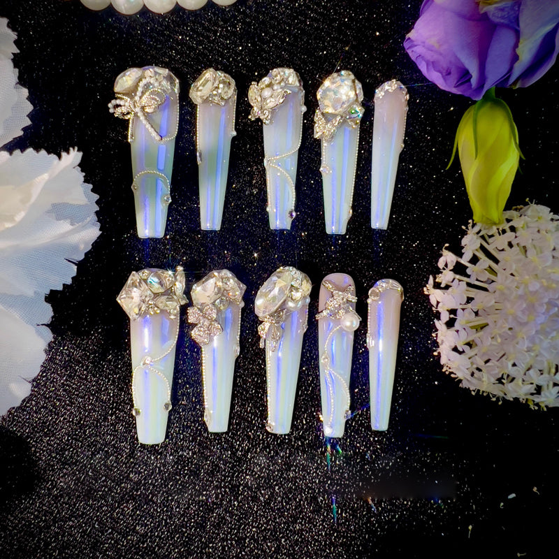 Light pink gradual change blue aurora noble daughter cool feeling full zircon diamond handmade wear nail custom nail manicure