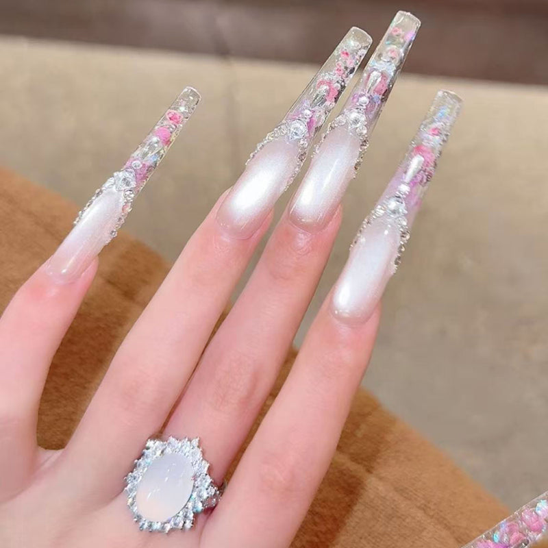 French cat's eye dried flower wearing nail medium and long high-end handmade nail patch new beautiful wearing nail art