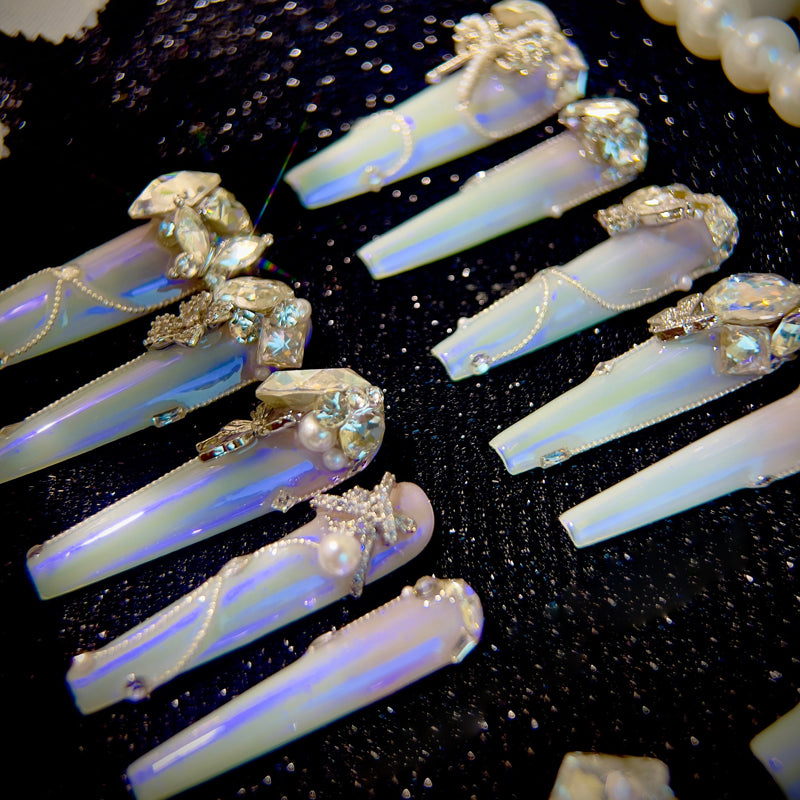 Light pink gradual change blue aurora noble daughter cool feeling full zircon diamond handmade wear nail custom nail manicure