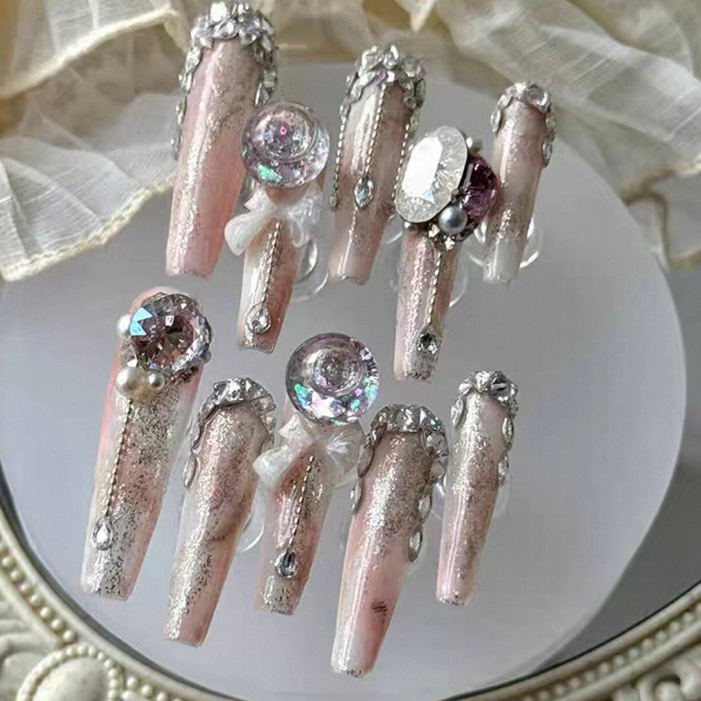 Pink peach crystal new arrival: premium, heavily embellished, luxurious press-on nails - handmade with a touch of refined elegance