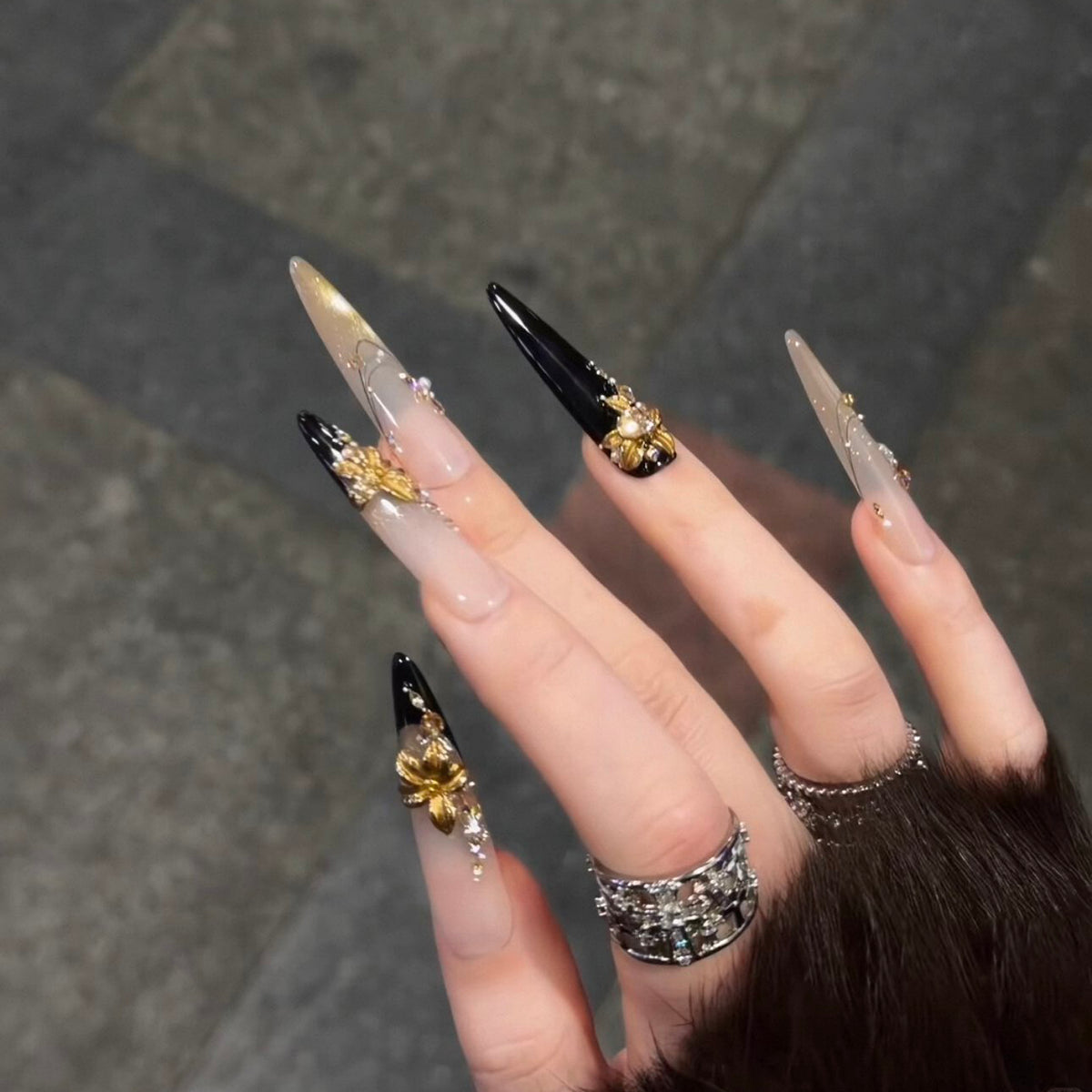 Handmade press-on nails: premium new year gold glitter cat eye long nails, hand-painted gold flower magic mirror, removable press-ons