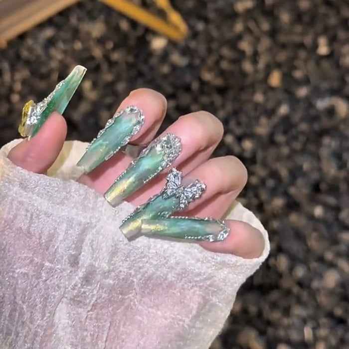 Handmade wearable nail art heavy industry luxurious classy gold and green smudged wearable nail art