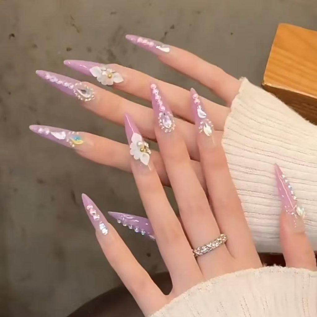 Handmade press-on nails, full diamond floral design, irregular shaped rhinestones, extra long length, whitening effect, high-end manicure, nail stickers