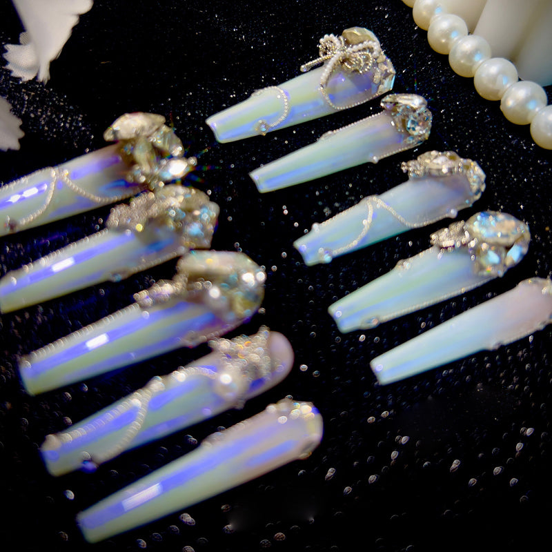 Light pink gradual change blue aurora noble daughter cool feeling full zircon diamond handmade wear nail custom nail manicure