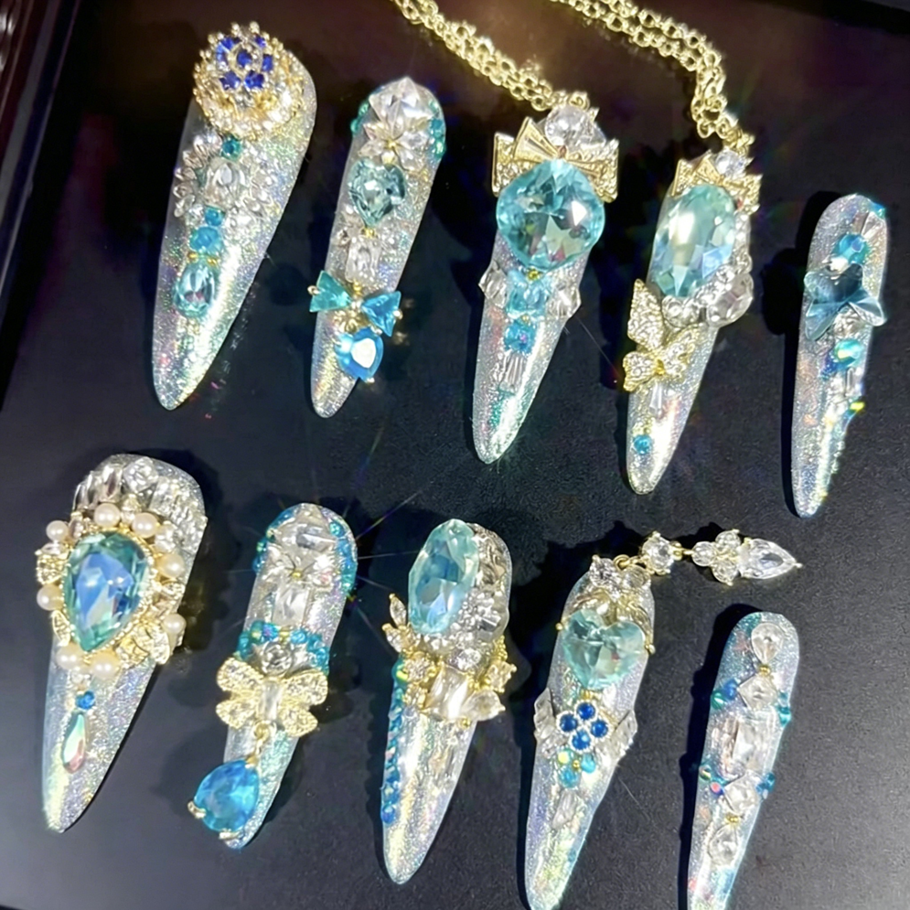 Luxury blue magic gold heavy industry original luxury blue gradual change zircon diamond long handmade wear nail custom nail art