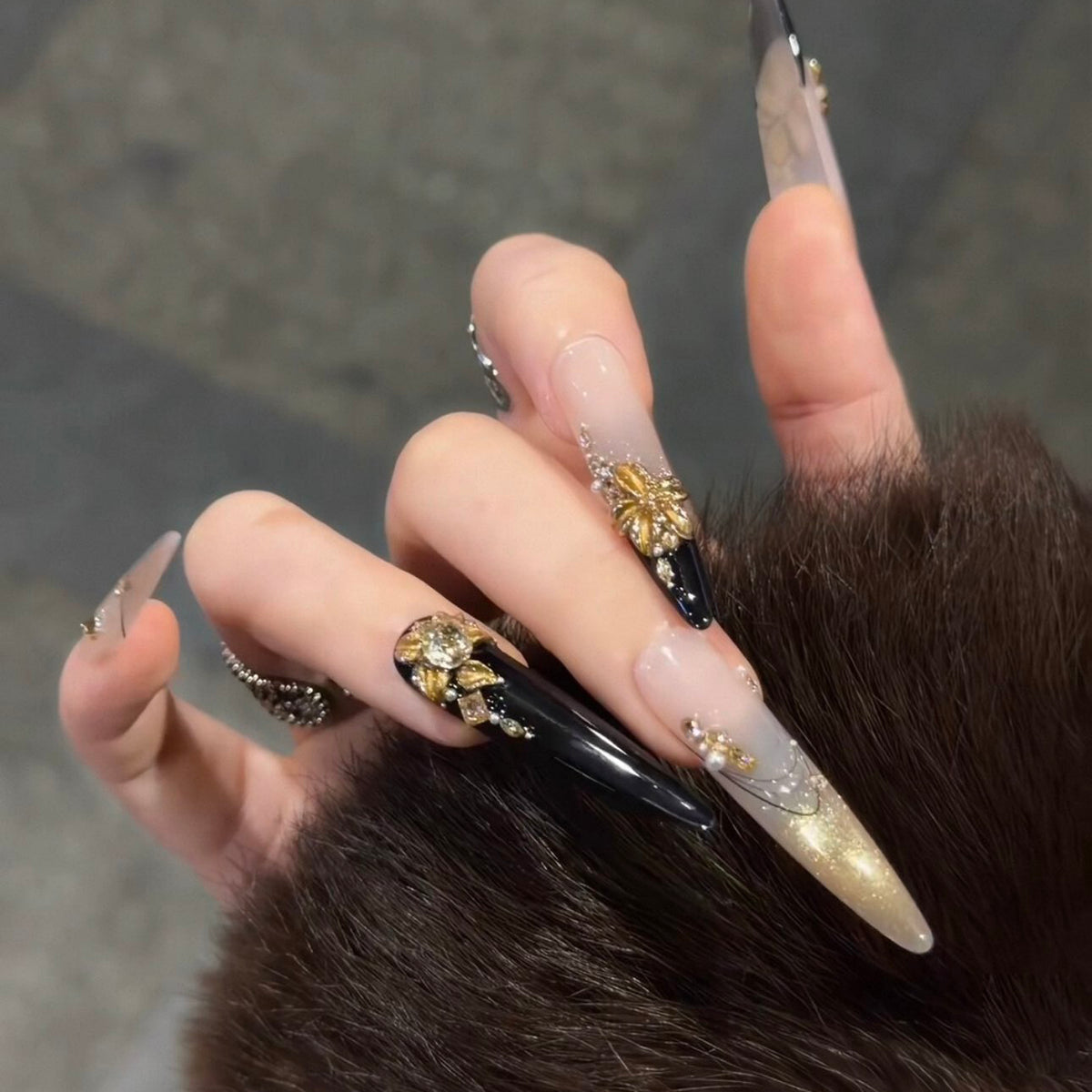 Handmade press-on nails: premium new year gold glitter cat eye long nails, hand-painted gold flower magic mirror, removable press-ons