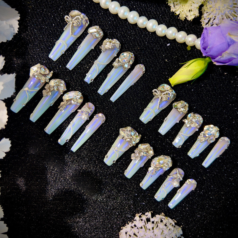 Light pink gradual change blue aurora noble daughter cool feeling full zircon diamond handmade wear nail custom nail manicure