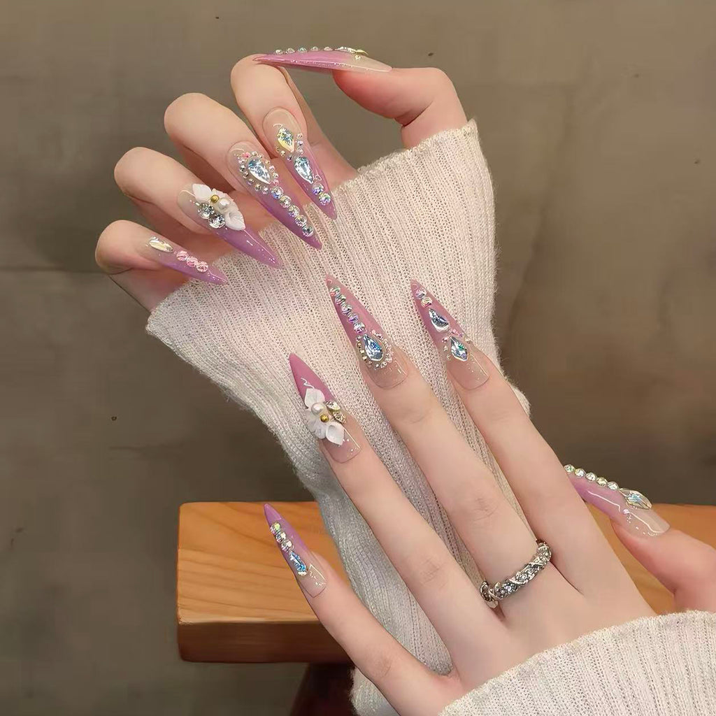 Handmade press-on nails, full diamond floral design, irregular shaped rhinestones, extra long length, whitening effect, high-end manicure, nail stickers
