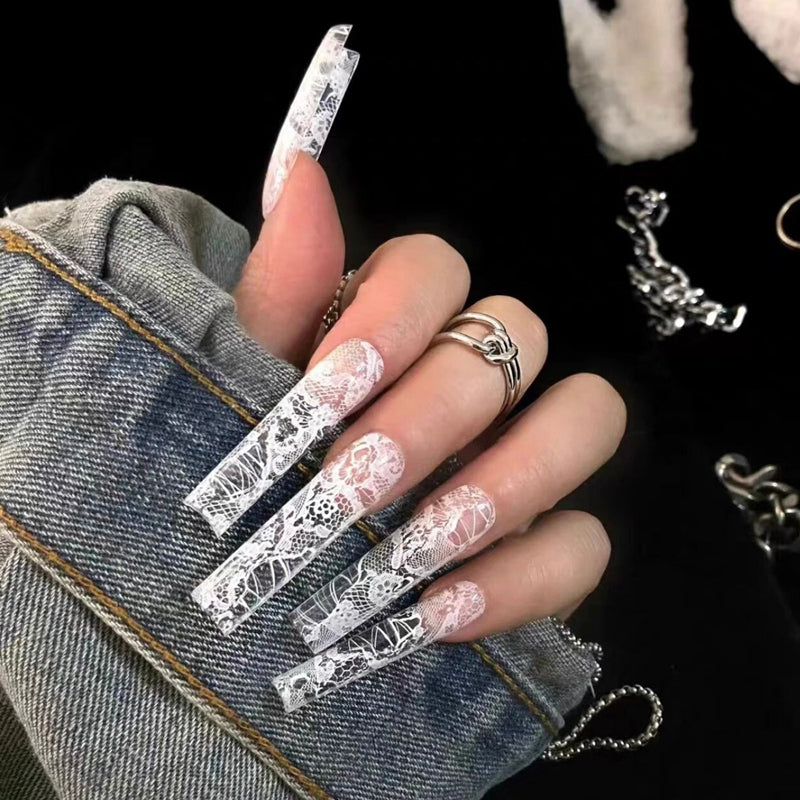 Pure hand-worn nail customization finished product, wearable nail art, European and American air duct square lace, pure desire design sense