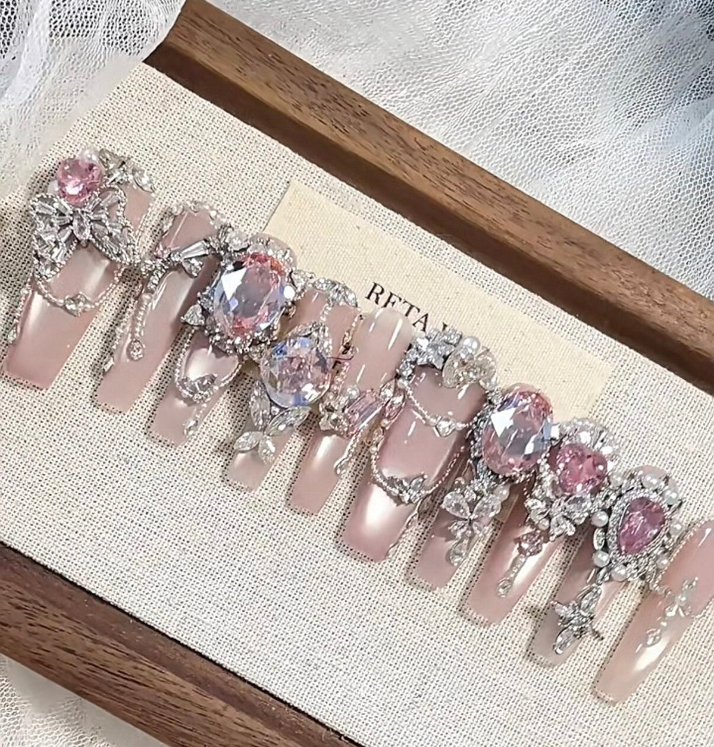 Pink palace cat eye full diamond sparkling handmade customizable wearable nails light luxury heavy industry detachable nails manicure