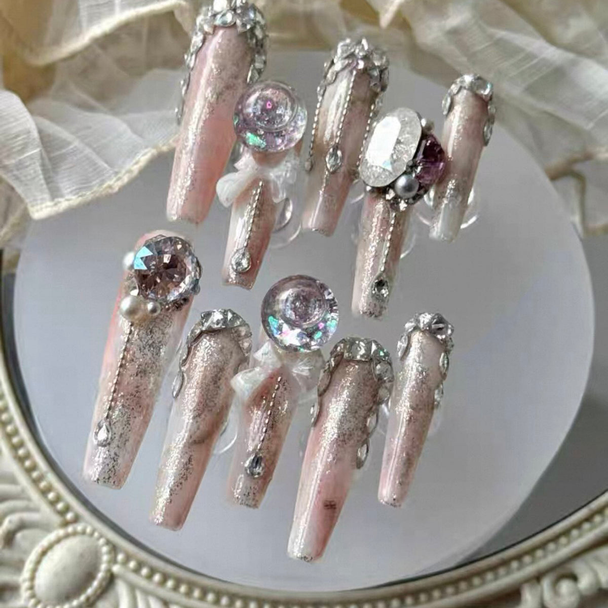Pink peach crystal new arrival: premium, heavily embellished, luxurious press-on nails - handmade with a touch of refined elegance