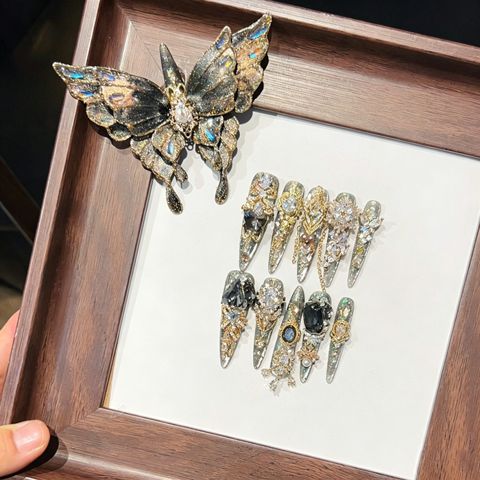 New black butterfly nail art handmade sparkling wearable nail art new year elegant full diamond wearable nail art