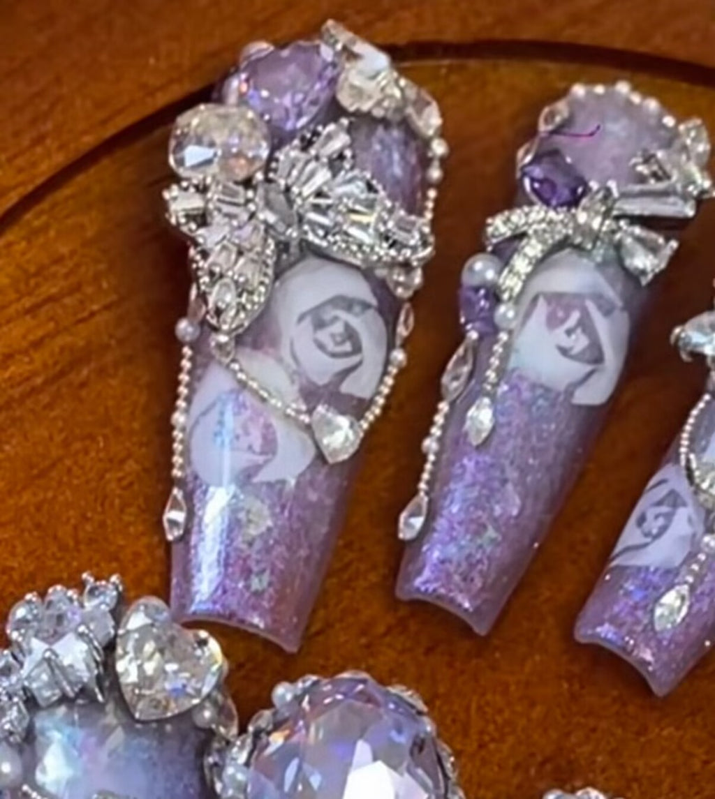 Purple palace light luxury full diamond handmade custom wearable nails watercolor rose flash new detachable nail manicure