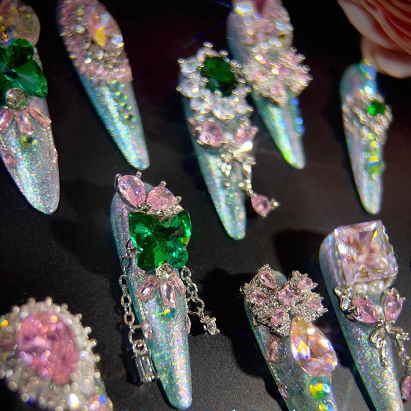Heavy Industry Original Luxury Pink and Green Contrast Color Zircon Diamond Long Handmade Wear Nail Custom Nail Art