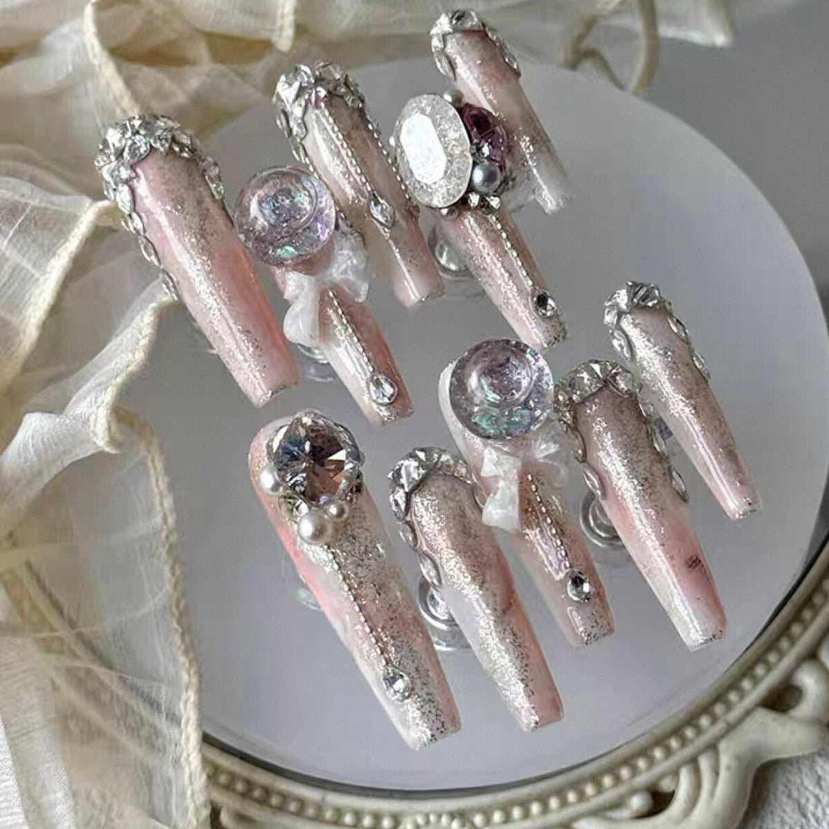 Pink peach crystal new arrival: premium, heavily embellished, luxurious press-on nails - handmade with a touch of refined elegance