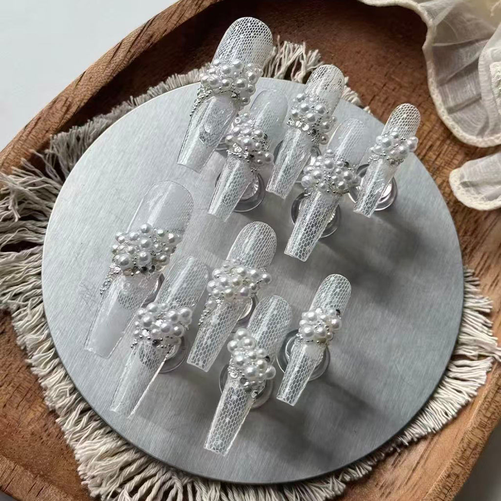 Pearl lace new arrivallong bridal wedding nails wearable nails heavy industry purely handmade original