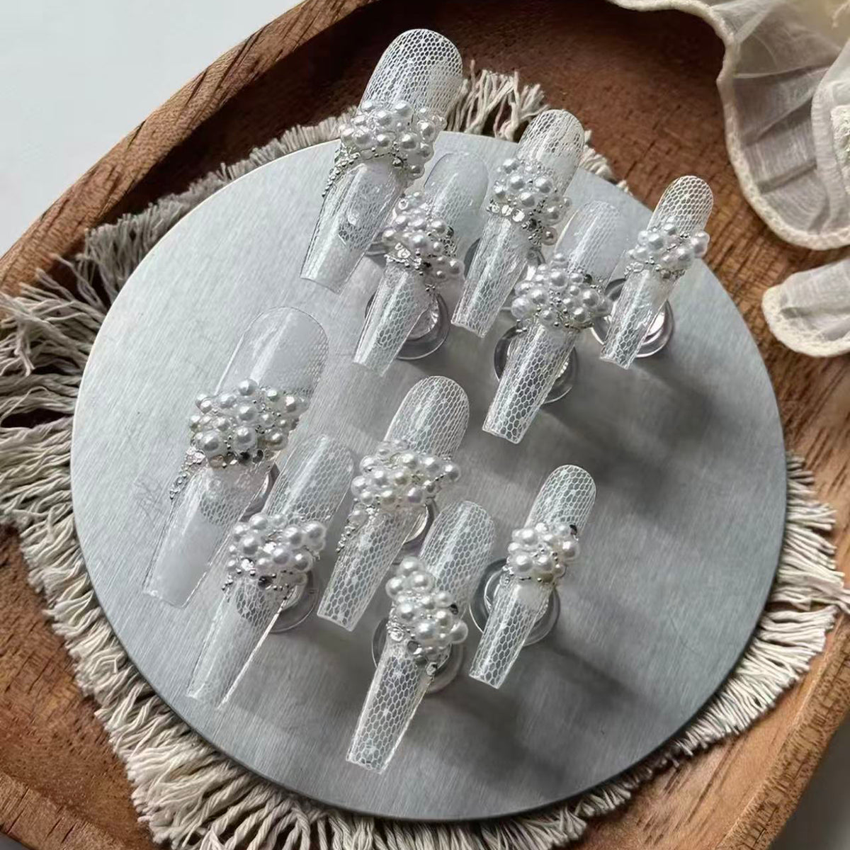 Pearl lace new arrivallong bridal wedding nails wearable nails heavy industry purely handmade original