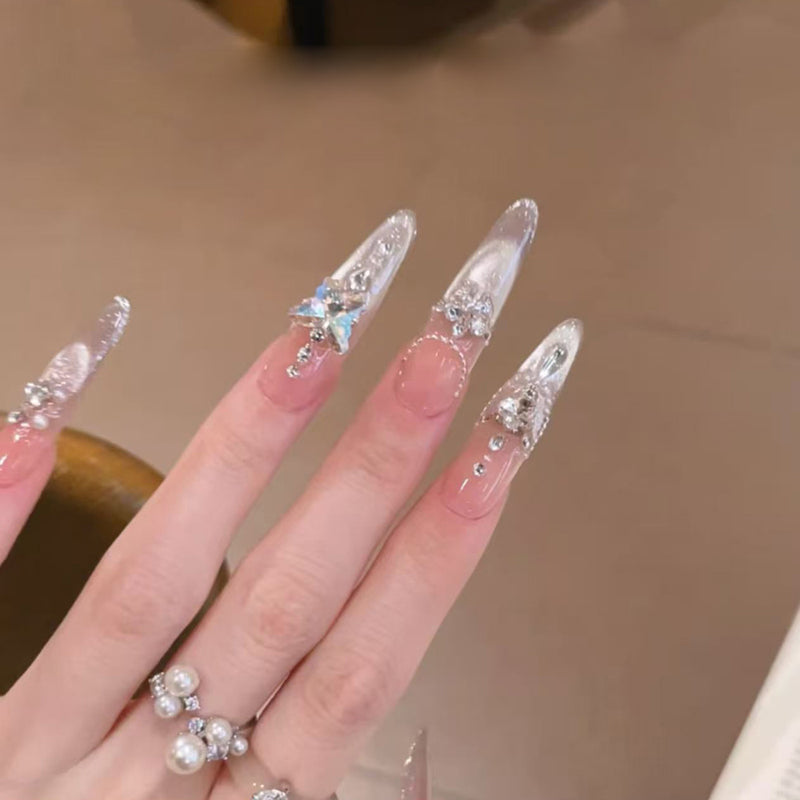 Pure handmade three-dimensional jewelry butterfly wearing nail French medium and long nail patch