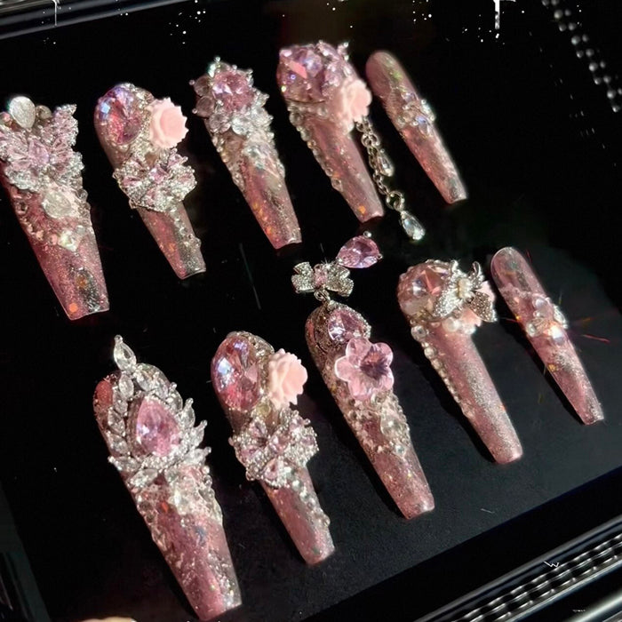 Powder Crystal Crushed Mang Heavy Industry Original Fairy Qi Pink Printed Zircon Diamond Long Handmade Wear Nail Customized Nail Art