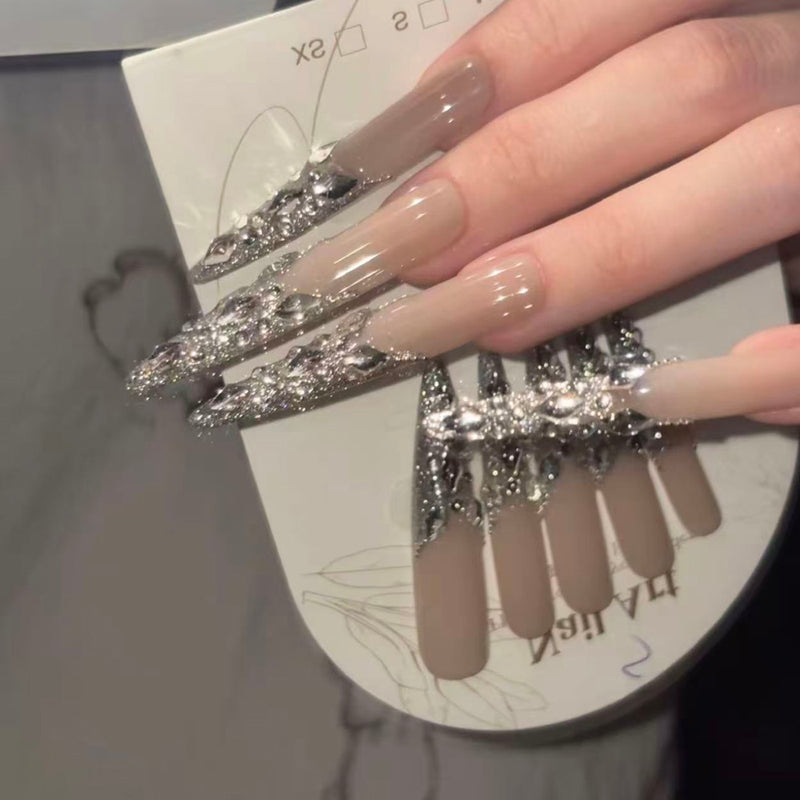 Pure handmade full-diamond French daughter gold flash nails removable wedding nail light luxury whitening advanced nail art wearing temperament