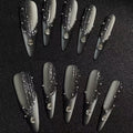 Ethereal black mirror double gradient space french handmade personalized wearable nails black frosted flash removable nails manicure