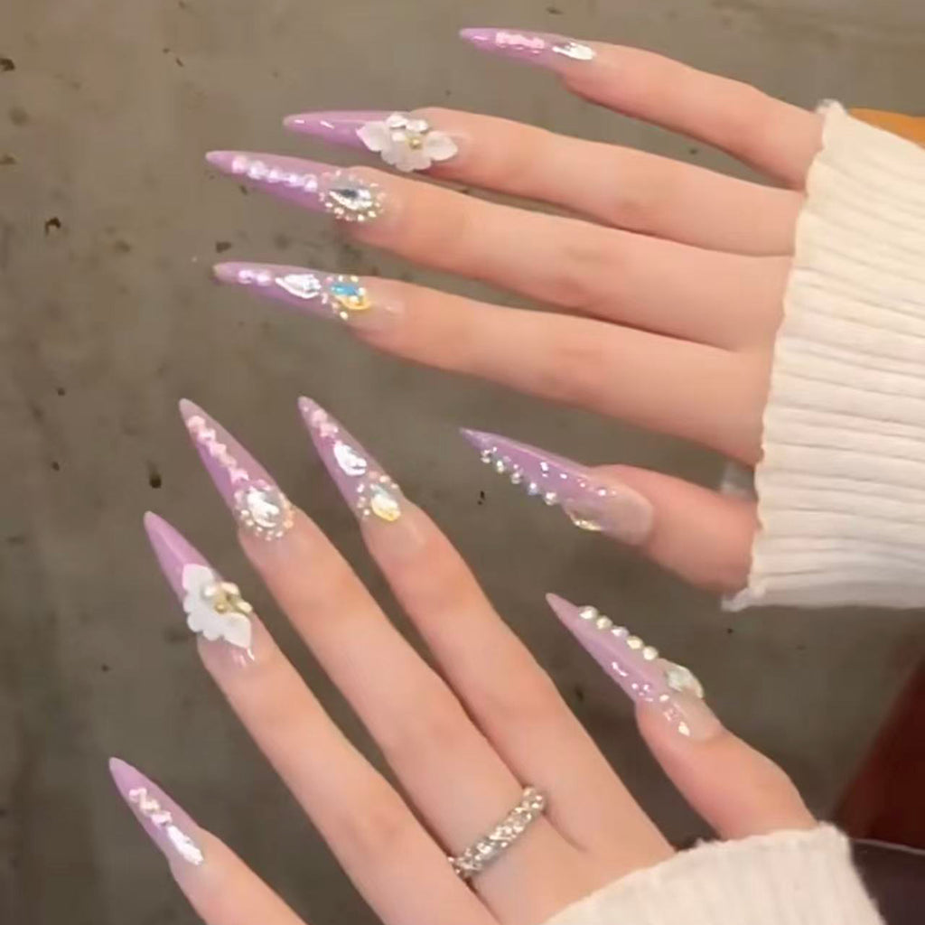 Handmade press-on nails, full diamond floral design, irregular shaped rhinestones, extra long length, whitening effect, high-end manicure, nail stickers