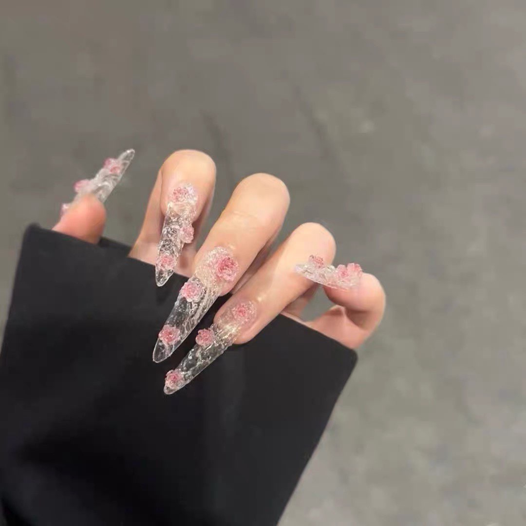 Handmade custom press-on nails: spring/summer new collection - icy transparent camellia design, instagram-worthy, pure & sultry, high-end student style