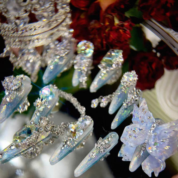Butterfly blue dream heavy industry original fairy blue butterfly zircon diamond long handmade wearable nail customized rotating diamond nail manicure