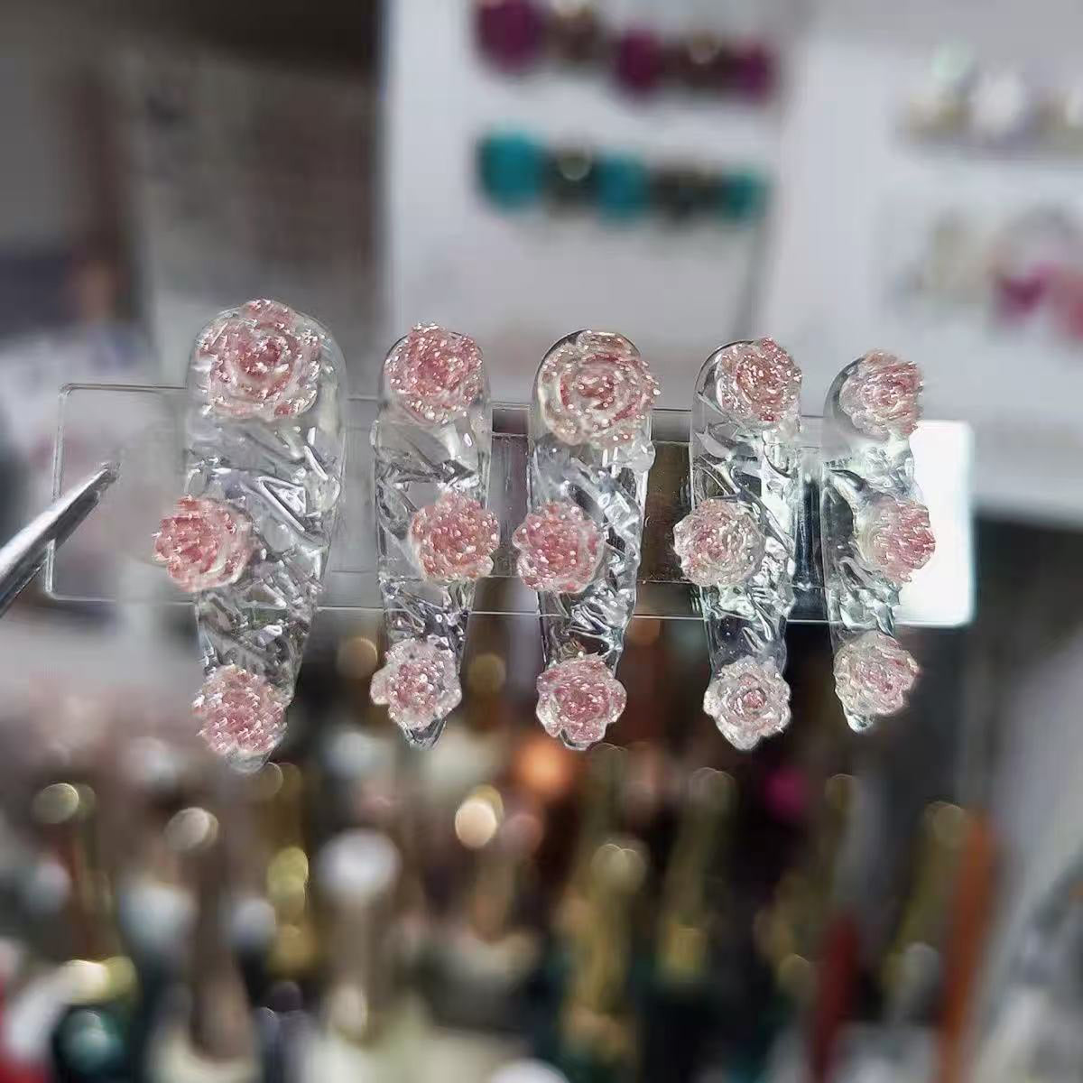 Handmade custom press-on nails: spring/summer new collection - icy transparent camellia design, instagram-worthy, pure & sultry, high-end student style