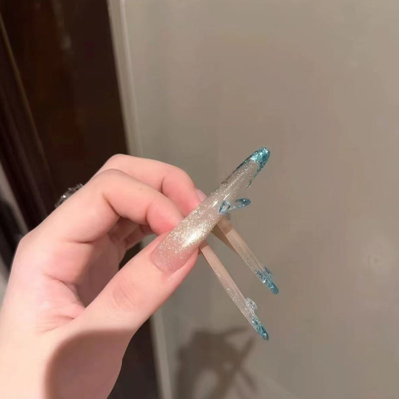 High-luxury peacock blue full-flower diamonds flash cat's eye French wedding nail pure handmade nail wear nail