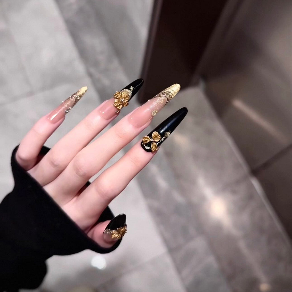 Handmade press-on nails: premium new year gold glitter cat eye long nails, hand-painted gold flower magic mirror, removable press-ons