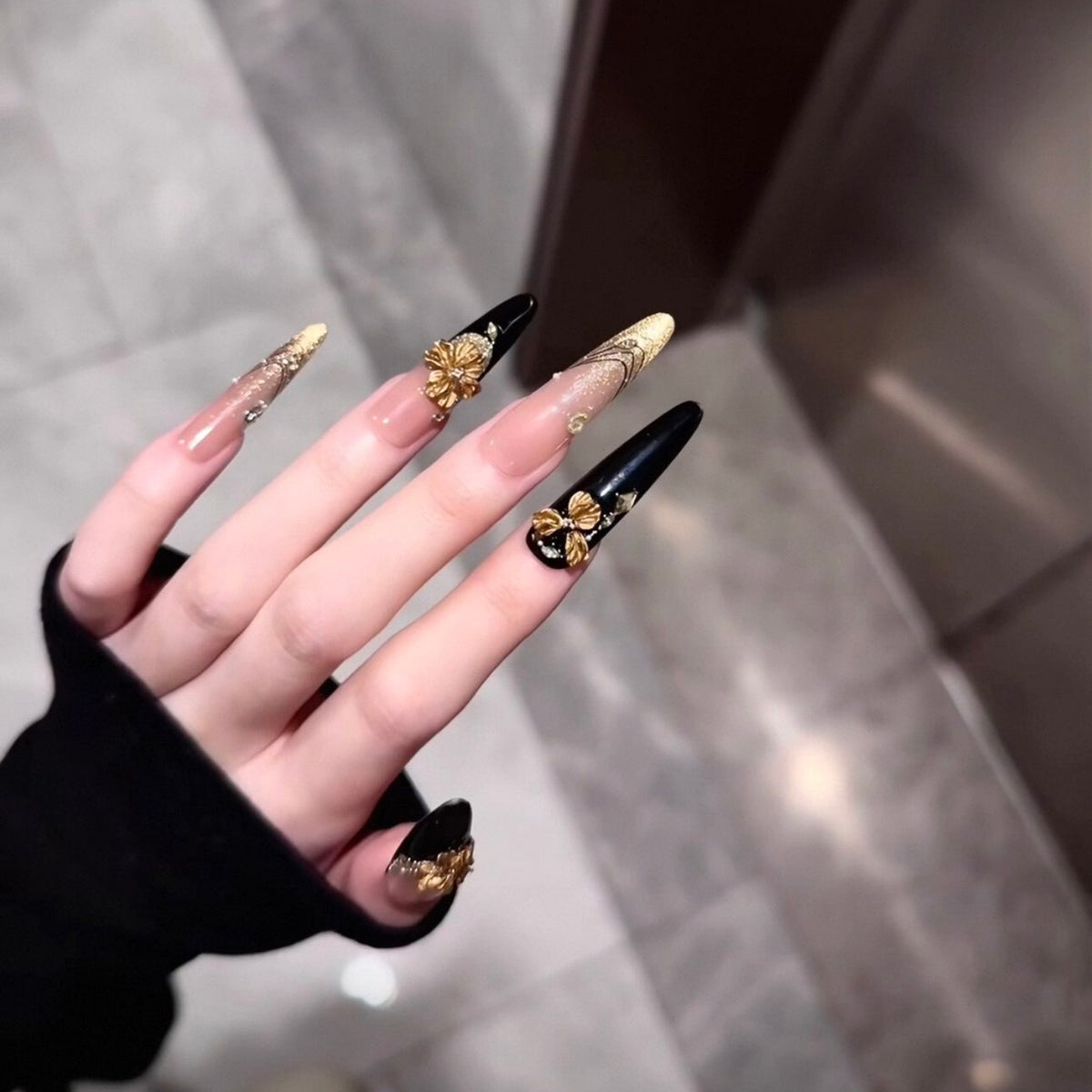 Handmade press-on nails: premium new year gold glitter cat eye long nails, hand-painted gold flower magic mirror, removable press-ons