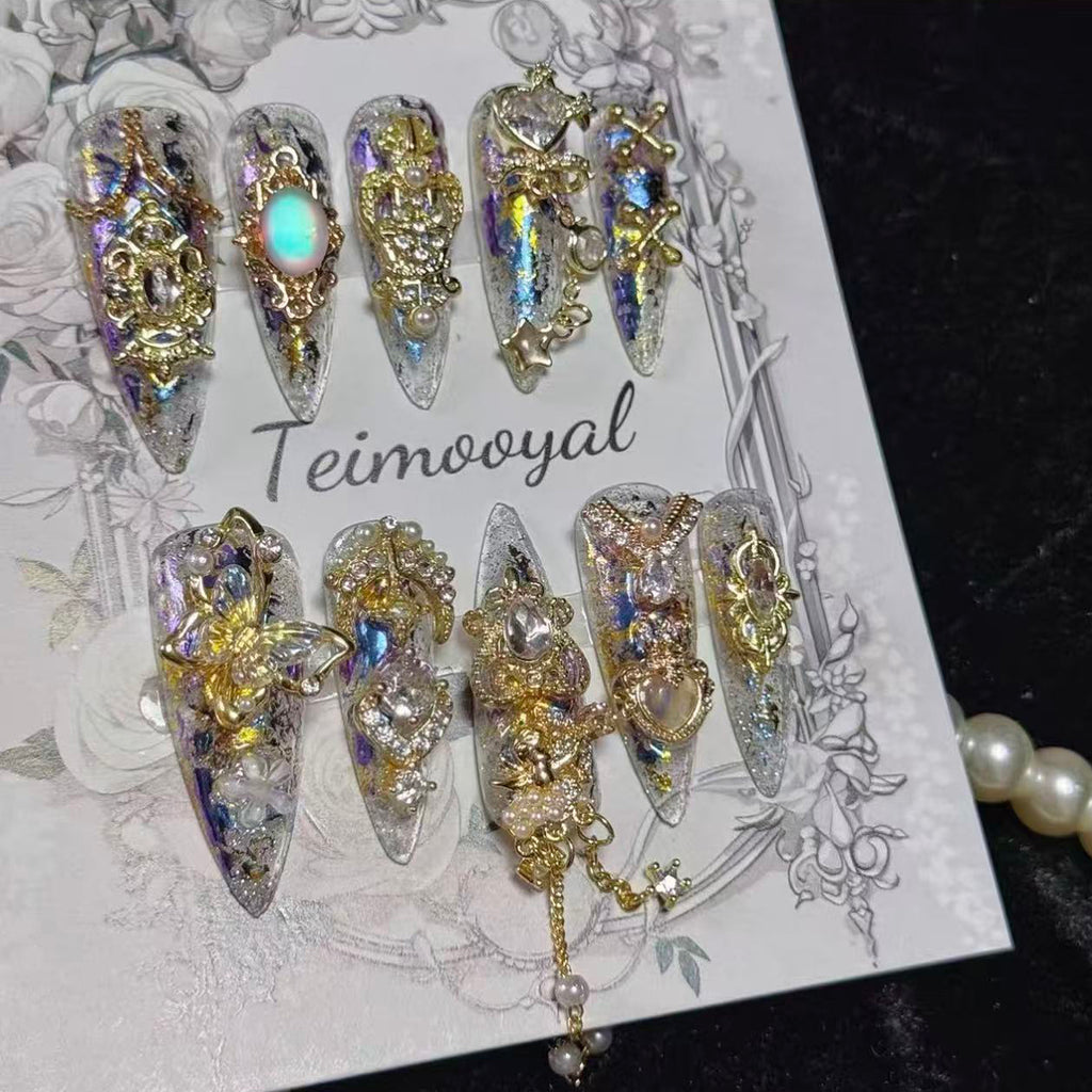 Real shot golden Miaojiang flash diamond temperament manicure baroque transparent wearing armor