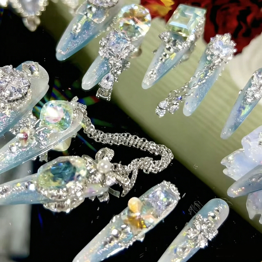 Butterfly blue dream heavy industry original fairy blue butterfly zircon diamond long handmade wearable nail customized rotating diamond nail manicure