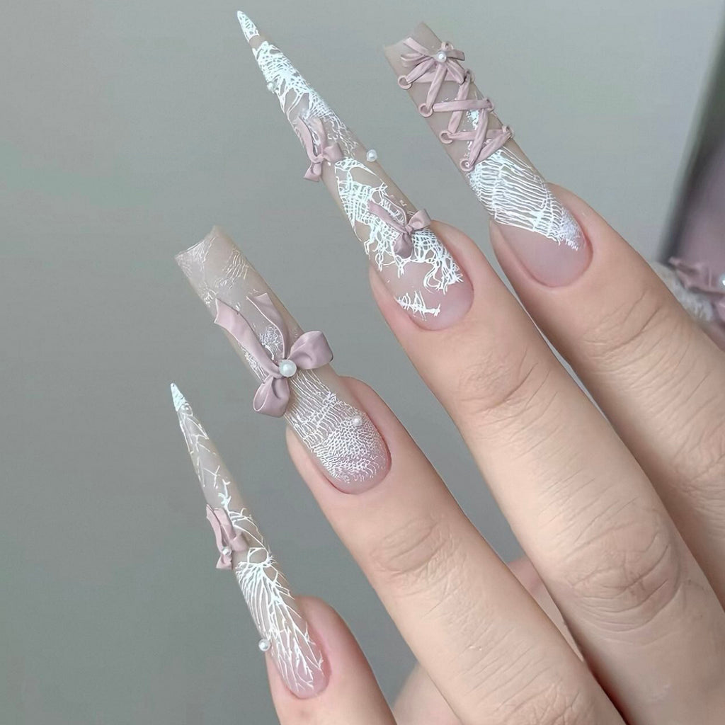Handmade custom press-on nails: new, sweet & girly pink french bow long length, whitening, new nail art stickers