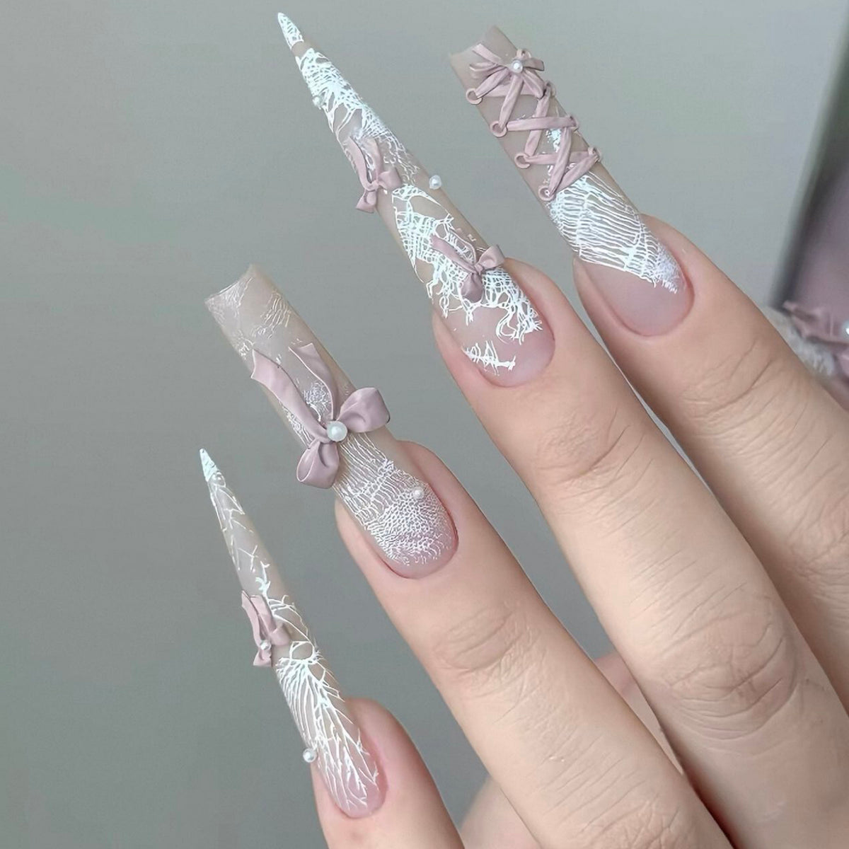 Handmade custom press-on nails: new, sweet & girly pink french bow long length, whitening, new nail art stickers