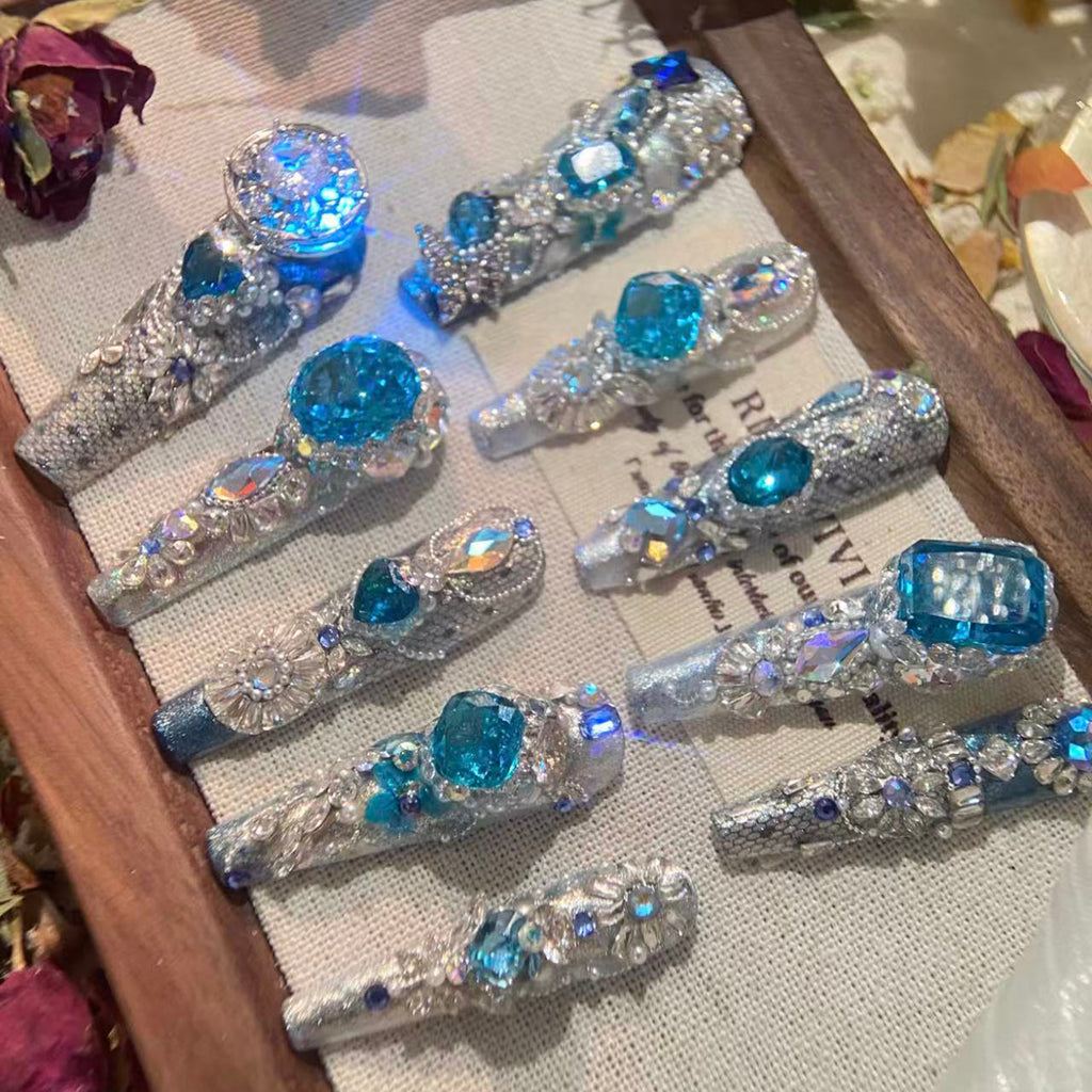 Heavy industry blue printed light-up model huazi ice-cut zircon diamond handmade wearable nails personalized detachable nails manicure