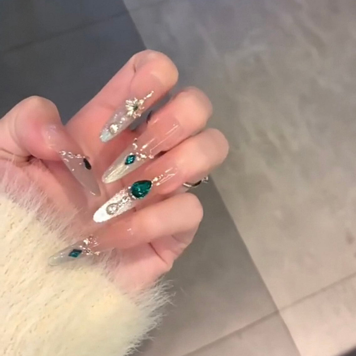 Handmade press-on nails - summer mid-length cat eye, luxe retro, elegant, and flattering white gel nail tips