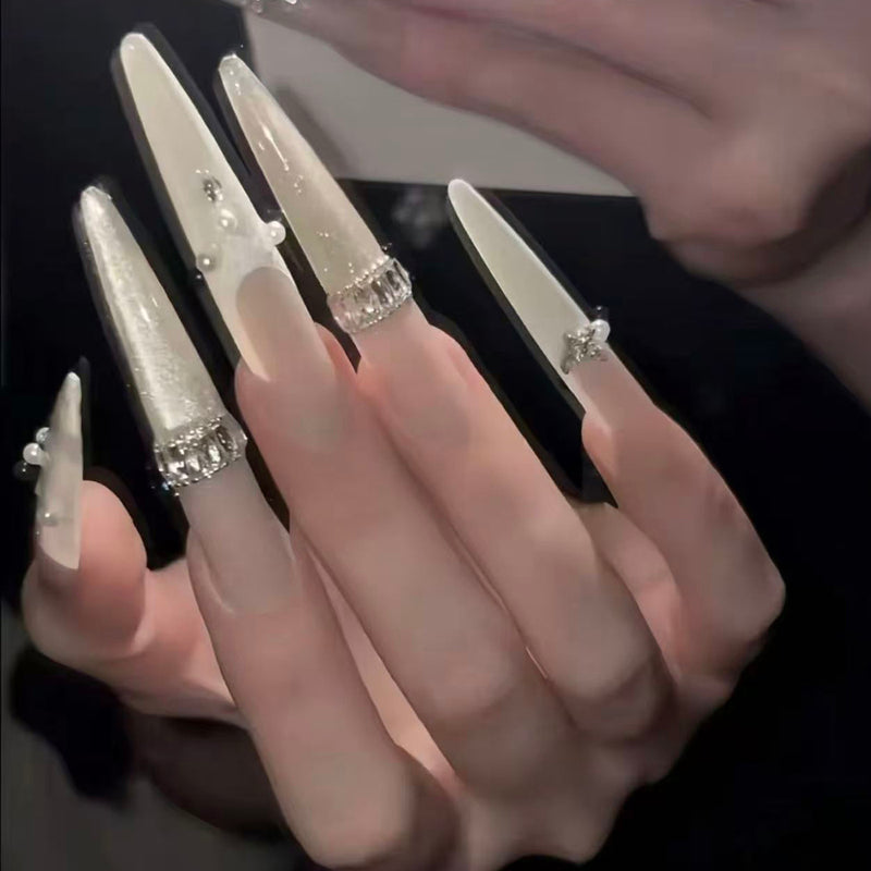 French Pure Desire Wind Premium Pearl Diamond Temperament Bridal Nail Pure Handmade Nail Art Wear Nail