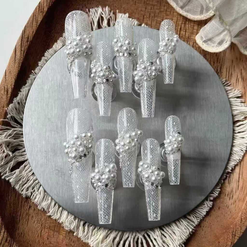 Pearl lace new arrivallong bridal wedding nails wearable nails heavy industry purely handmade original