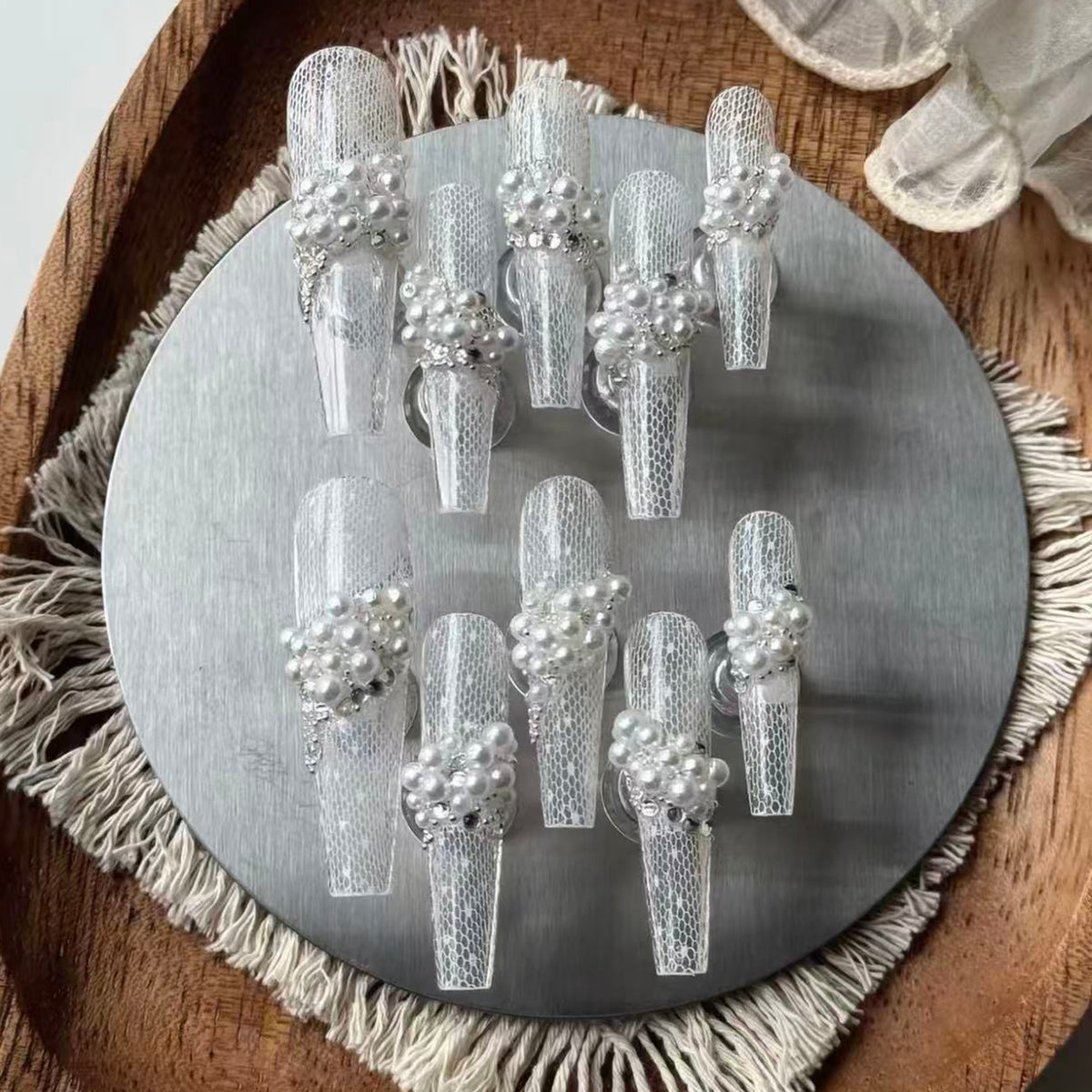 Pearl lace new arrivallong bridal wedding nails wearable nails heavy industry purely handmade original