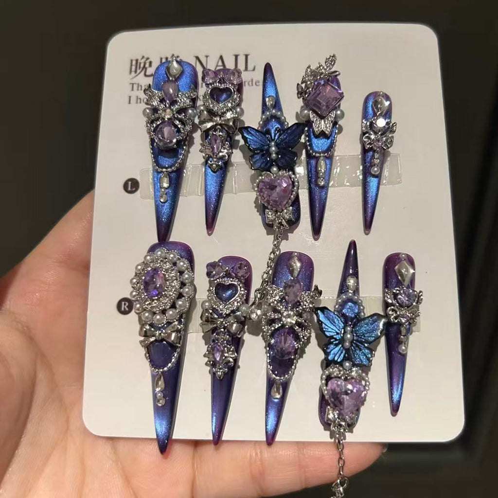 Halloween handmade press-on nails: premium purple cat eye manicure, whitening, exquisite luxury false nail stickers