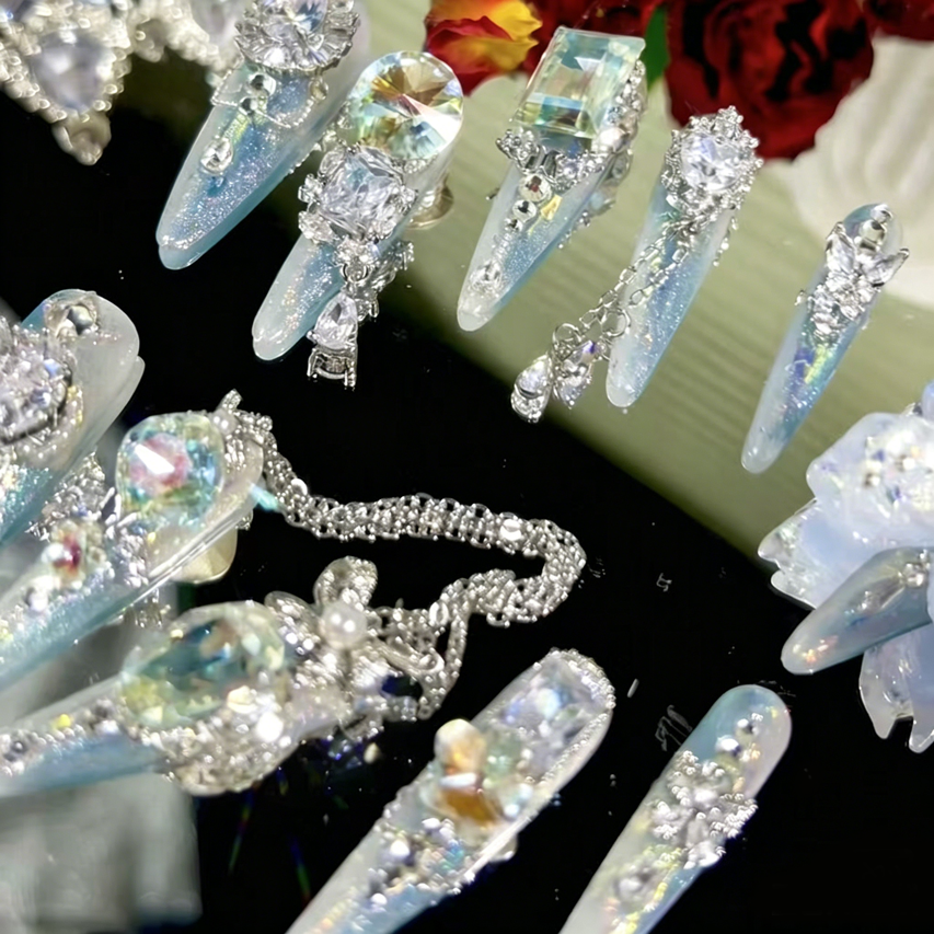 Butterfly blue dream heavy industry original fairy blue butterfly zircon diamond long handmade wearable nail customized rotating diamond nail manicure