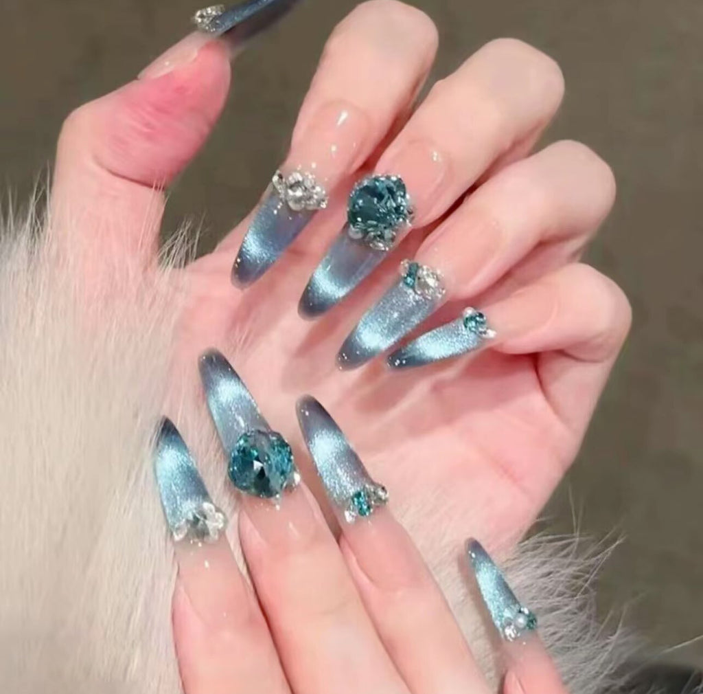 Spring new arrivals: dreamy ocean blue smiling french cat eye premium handmade press-on nails