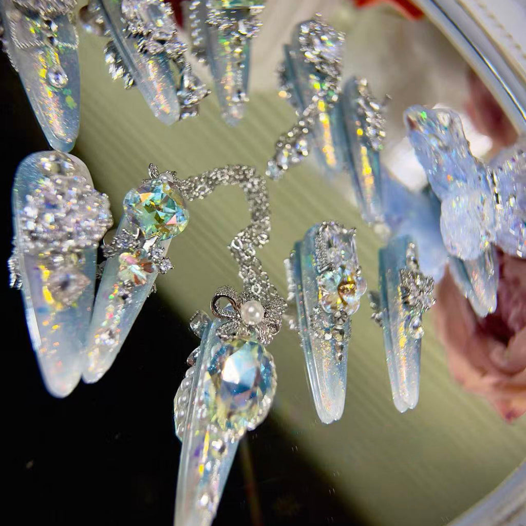 Butterfly blue dream heavy industry original fairy blue butterfly zircon diamond long handmade wearable nail customized rotating diamond nail manicure