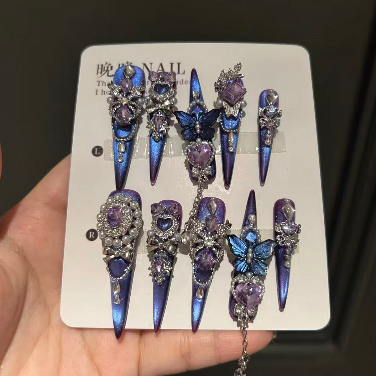 Halloween handmade press-on nails: premium purple cat eye manicure, whitening, exquisite luxury false nail stickers