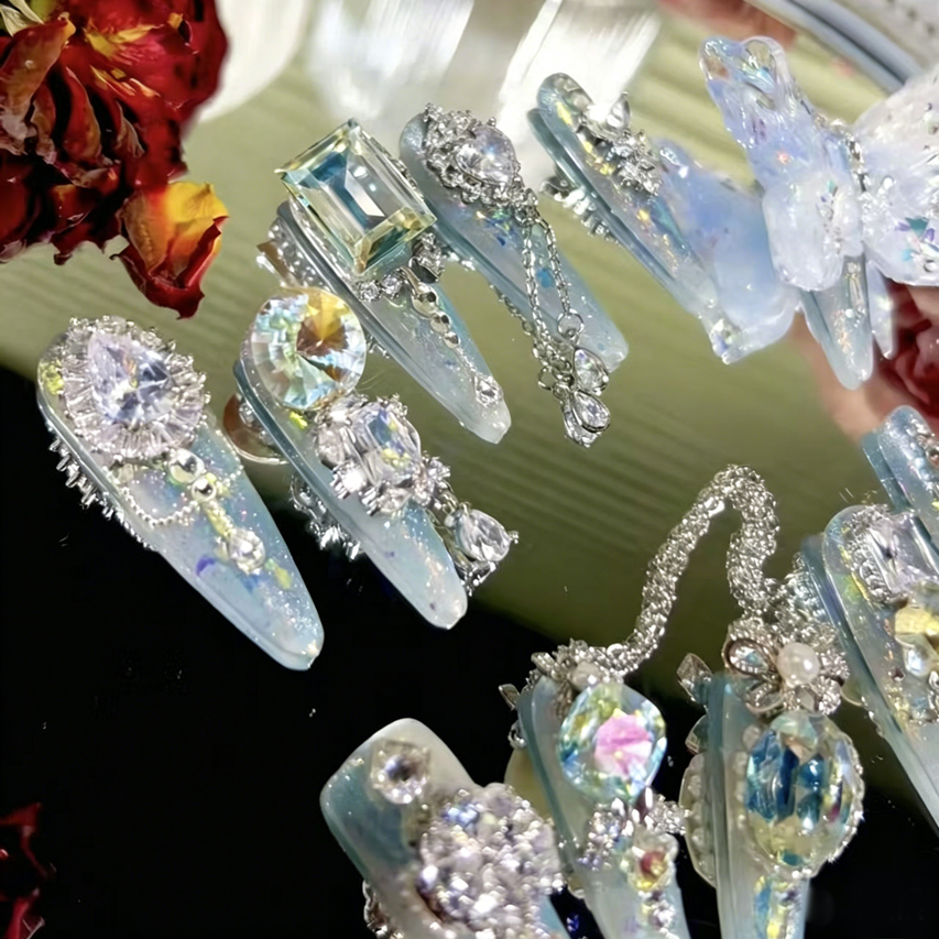 Butterfly blue dream heavy industry original fairy blue butterfly zircon diamond long handmade wearable nail customized rotating diamond nail manicure