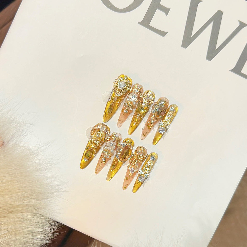New gold glitter handmade full diamond press-on nails - gold, brightening, high-end press-on nails