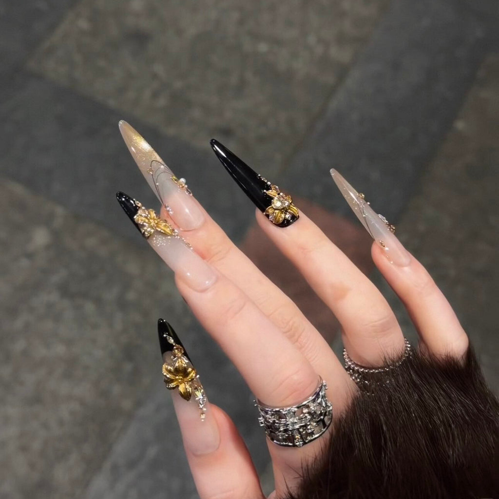 Handmade press-on nails: premium new year gold glitter cat eye long nails, hand-painted gold flower magic mirror, removable press-ons
