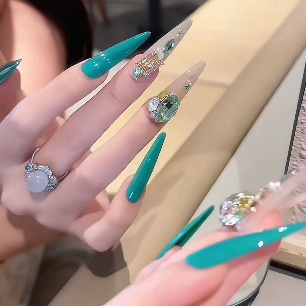 Handmade press-on nails - peacock blue with rhinestone accents, gentle & flattering, removable nail stickers, long length, elegant & luxurious